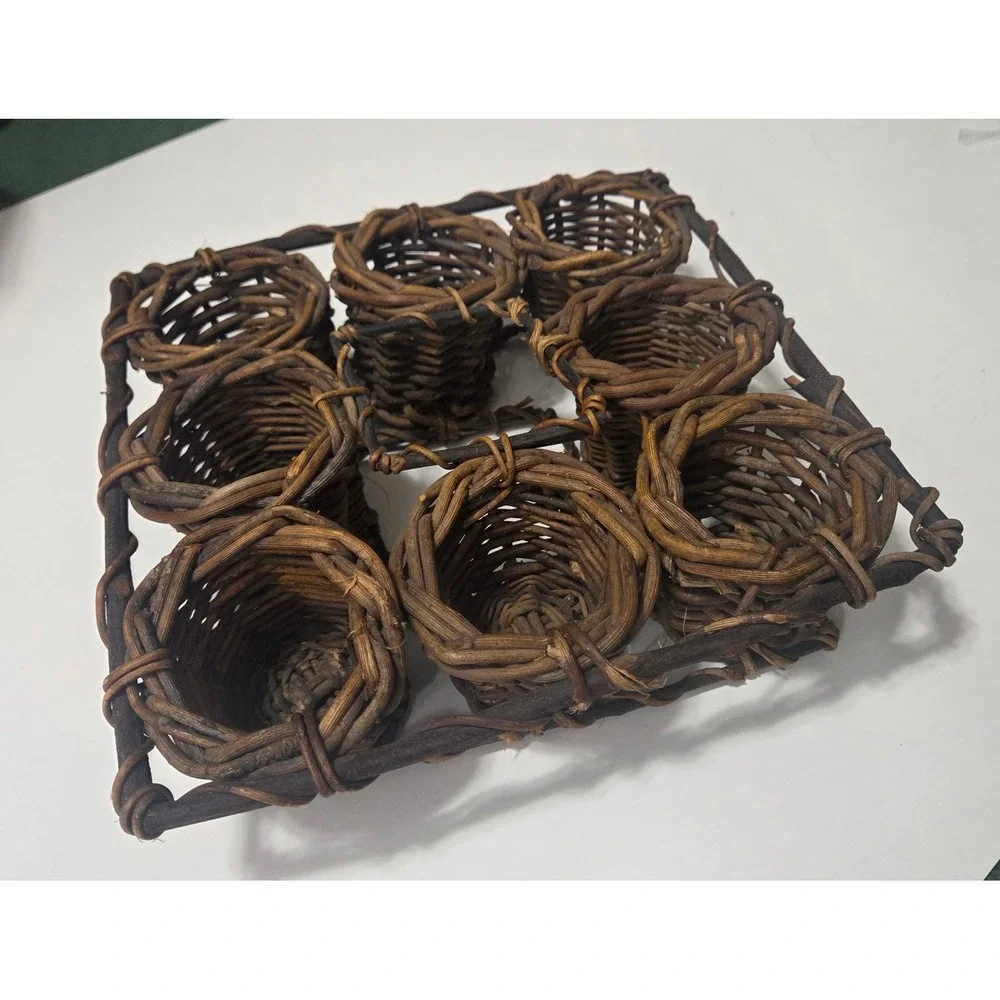 Vintage Woven Grapevine Twig 8 Compartment Dessert Basket Caddy Rustic Primitive